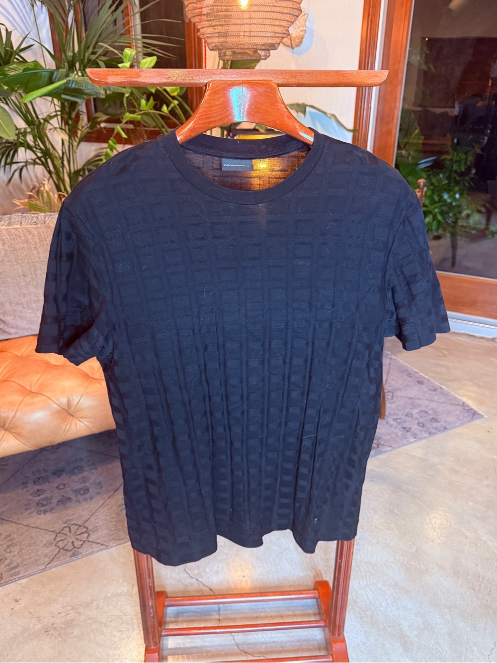 Emporio Armani Black Textured Crewneck Tee with Subtle Grid